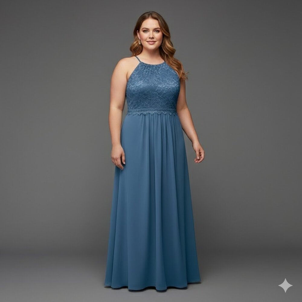 Navy Blue Plus Size Lace Bodice Chiffon Skirt Bridesmaid Formal Gown Dress NWT